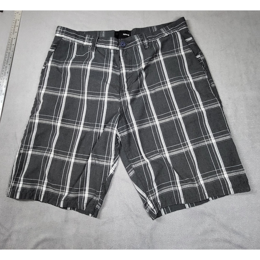 Hurley Plaid Walk Shorts Mens Size 34 Dark Grey White Check Flat Front Casual
